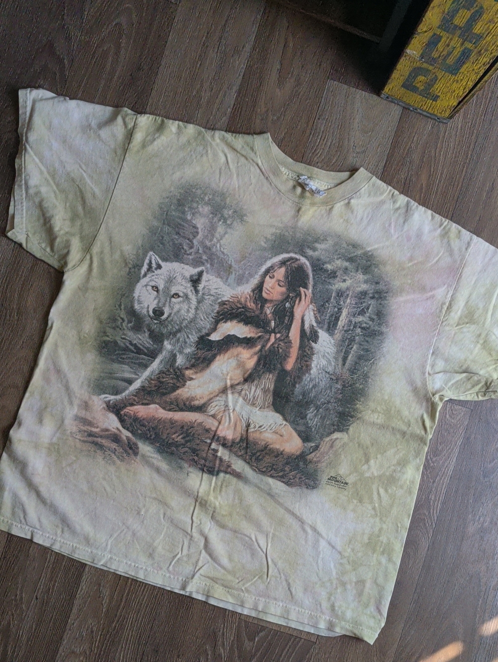 Vintage 2004 The Mountain "Sacred Storm" Wolf & Native American Maiden Tee